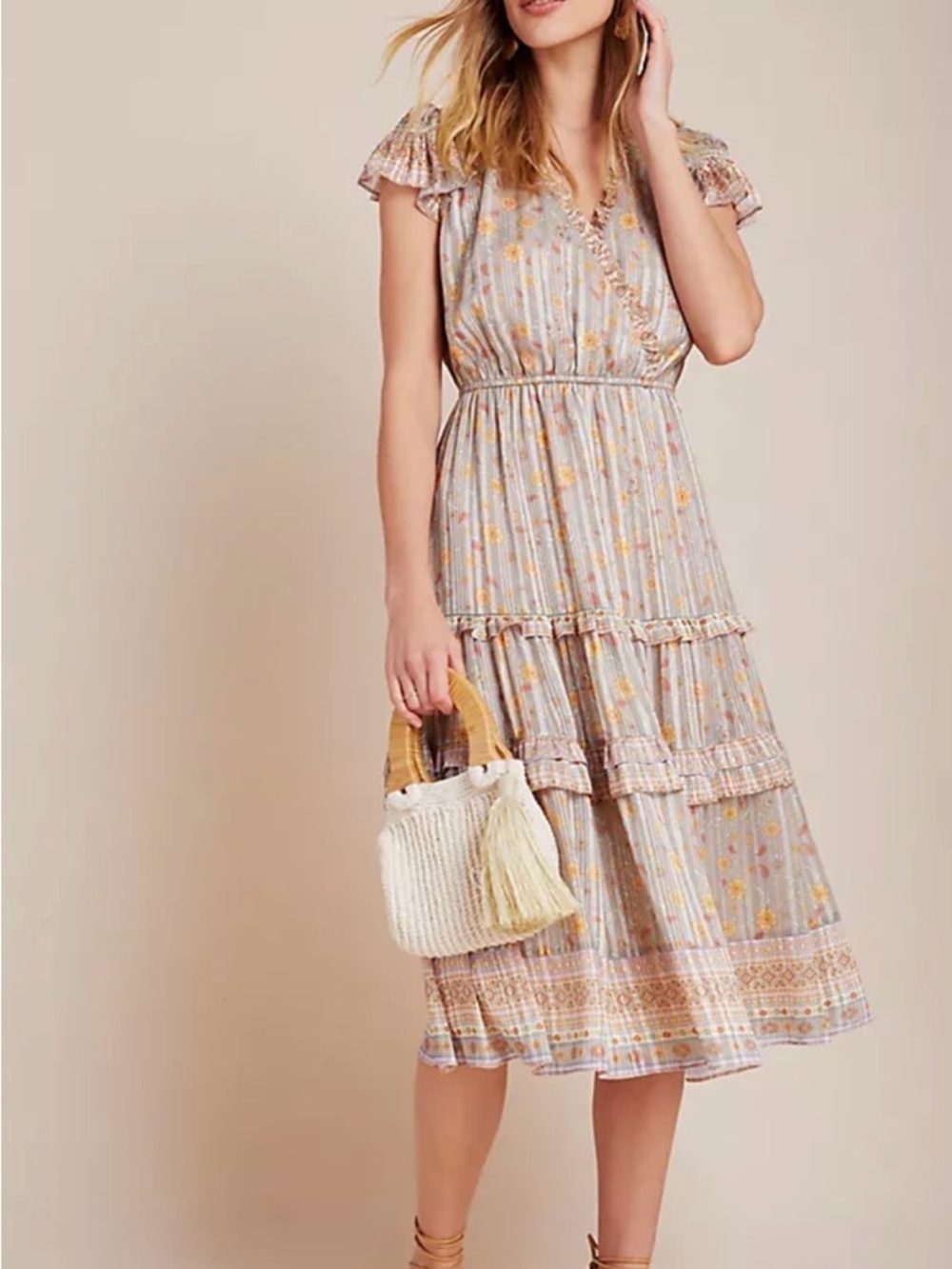 Anthropologie Cream & Yellow Floral Wrap Midi Dress Anthropologie